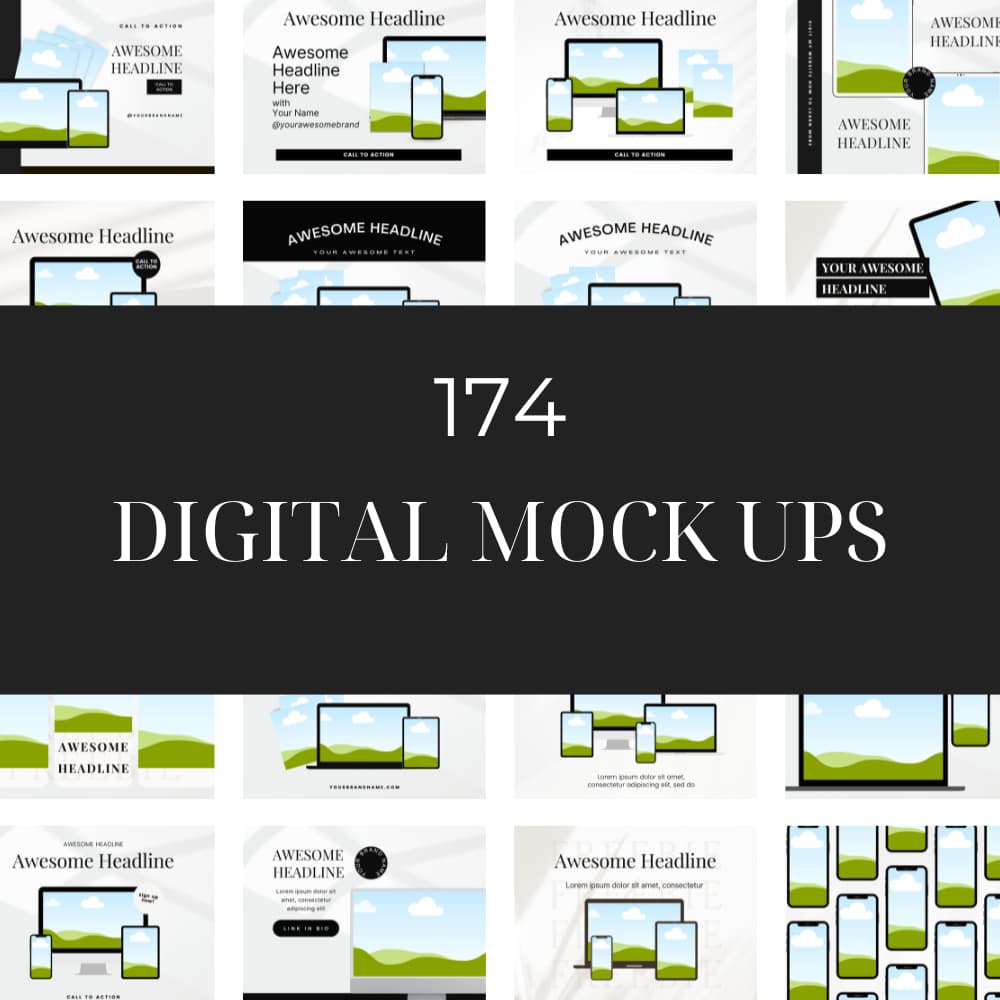 174 digital mockups with PLR for showcasing resellable products.