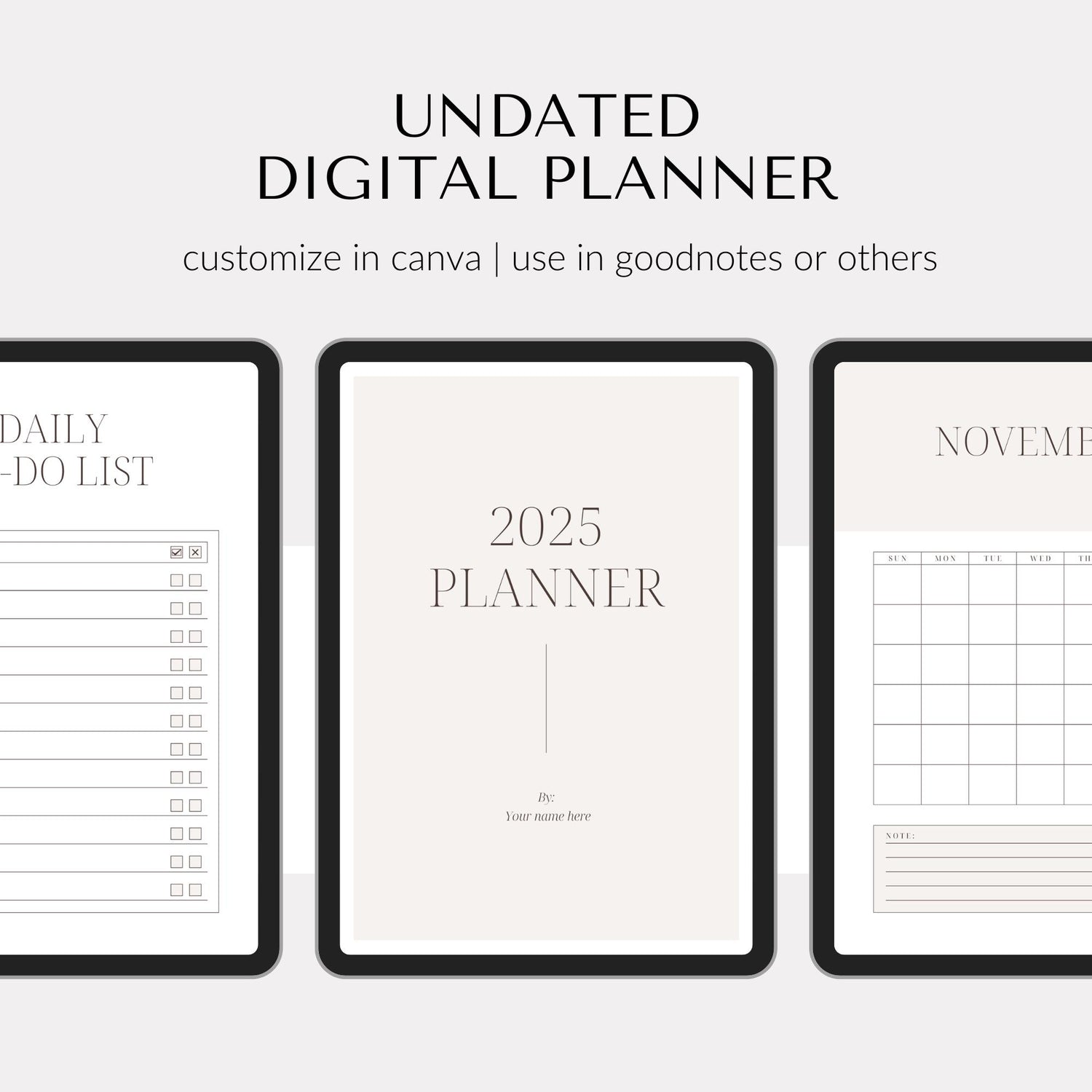 Undated minimal planner with clean, modern monthly, weekly, and daily layouts.