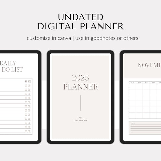 Undated minimal planner with clean, modern monthly, weekly, and daily layouts.