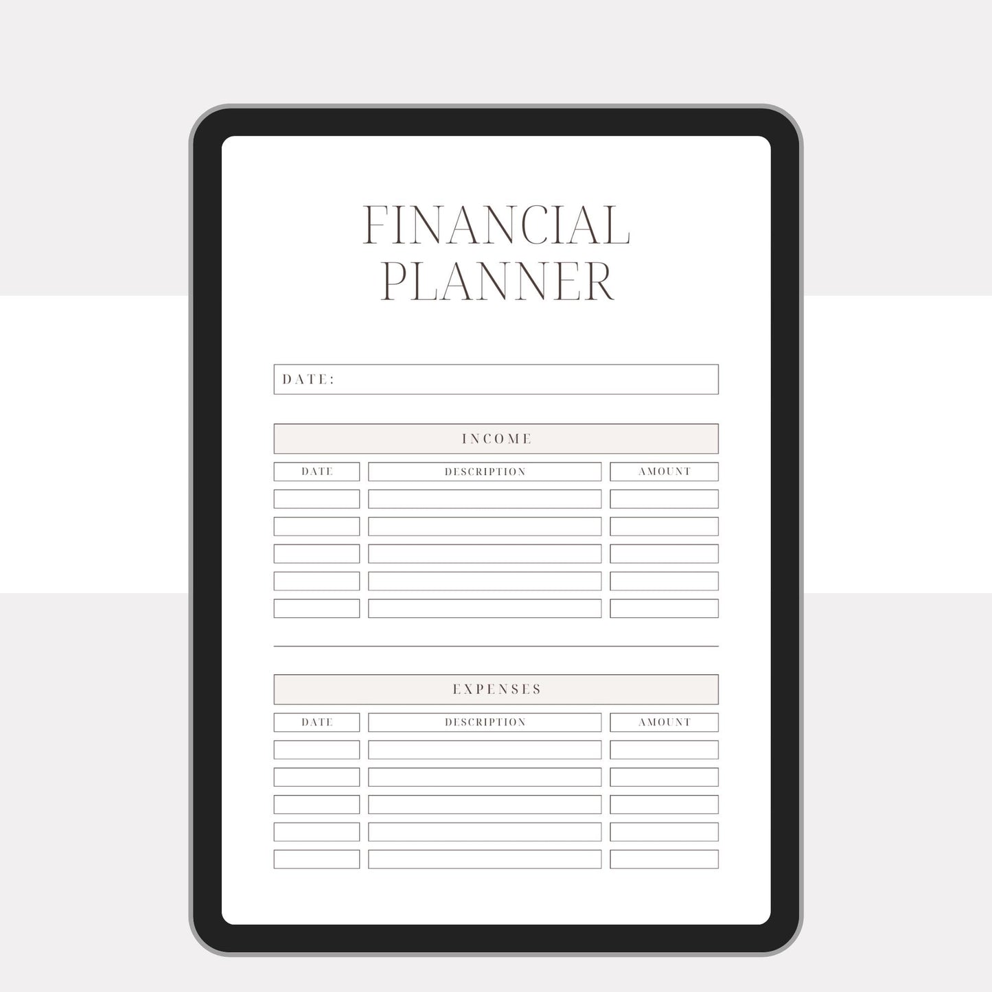 Undated digital planner featuring financial, health, and meal planning sections.