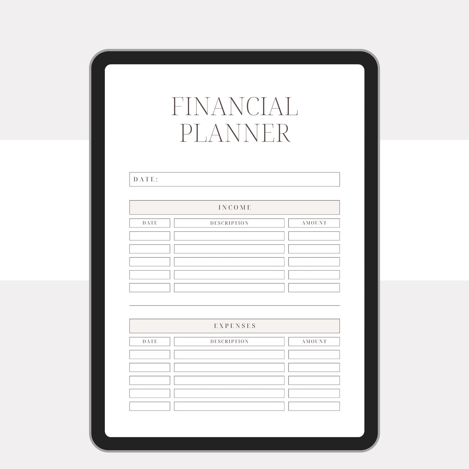 Undated digital planner featuring financial, health, and meal planning sections.